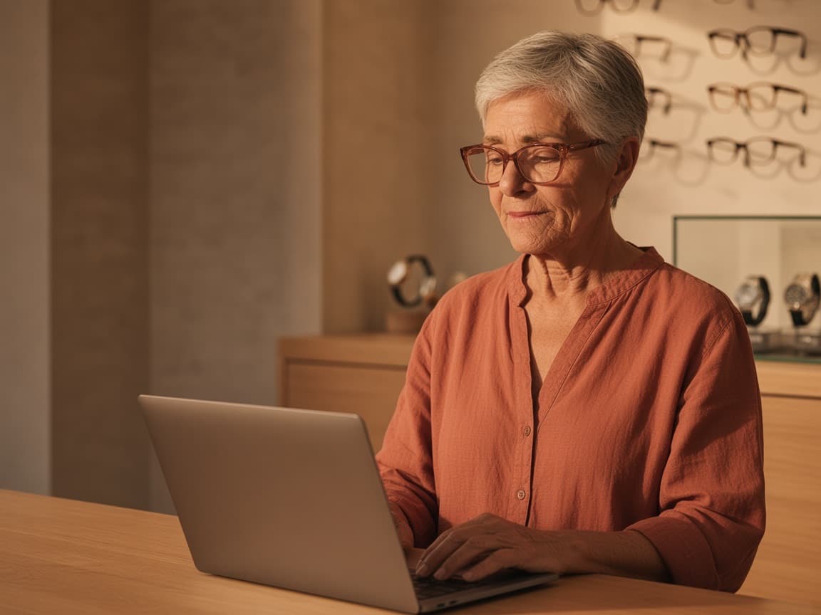 Lojista no balcão de uma ótica e relojoaria, consultando o sistema no notebook